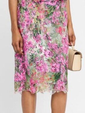 UNGARO REMY KNEE-LENGTH PENCIL PINK GREEN MULTI FLORAL LACE SKIRT  NWT